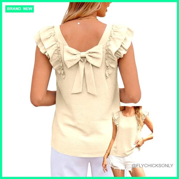 Tops - Ruffle Sleeve Bow Back Blouse, Lightweight Polyester, Loose Fit Summer Top